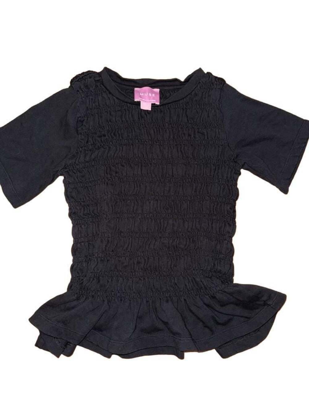 Muse Republic Clothing Black Smocked Short Sleeve Peplum Top Size XS